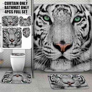 180x180cm 1Pc/3Pcs/4Pcs White Tiger With 12 Hooks Bathroom Shower Curtain Toilet Mat Lid Rug Curtain Sets 210402