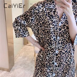 CAIYIER Sexy Night Dress Silk Leopard Grain Sleepwear Blouses Turn-Down Collar Nightwear Winter Women Soft Gown Nightshirt 210924