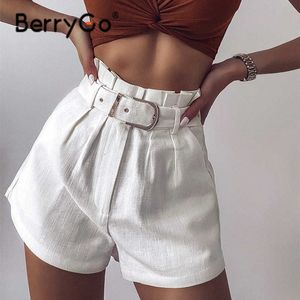 Berrygo Biały Bawełna Wysoka talia Kobiety Spodenki Lato Potargowany Pas Kobieta Krótkie Dna Moda Krótkie Spodnie Streetwear Spodenki 210611