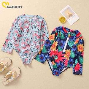 1-6Y Summer Toddler Kid Girls Swimwear Long Sleeve Swimsuit Cartoon Flamingo Flower Zipper Beachwear Bathing Suit 210515