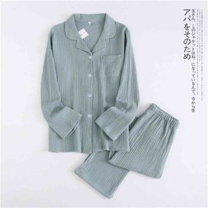 Japanese cotton crepe men's long-sleeved + trousers pajamas spring and autumn thin couple home service suit ladies 210809