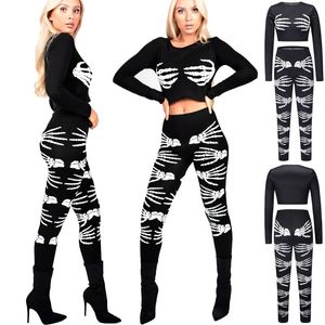 Damskie spodnie damskie 2021 Wakacje Moda Slim Black Szkielet Drukowane Pulling Pulled Pullover i Streetwear Kobiety Halloween Dwuczęściowy Ubrania S