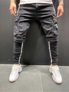 2020 Höst Vinter Nya Mäns Stretch-Fit Multi-Pocket Arbete Jeans Casual Classic Style Side Stripe Denim Pants X0621