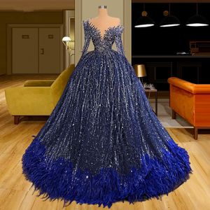 Glitter Blue Evening Dresses Women Custom Long Sleeves Party Dress Feathers Formal Wear Dubai Arabic Prom Gowns Plus Size