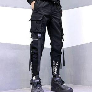 Pantolon Ağız Işlemeli Tulum Joggers Erkekler Siyah Harem Pantolon Çok Cep Kurdela Adam Sweatpants Streetwear Erkek Pantolon X0615