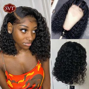 ブラジルの深いSVTショートレースフロントヒューマンヘアカーリーウォーウェーブボブ閉鎖女性のためのgloreselesswigs preplucked wig s0826