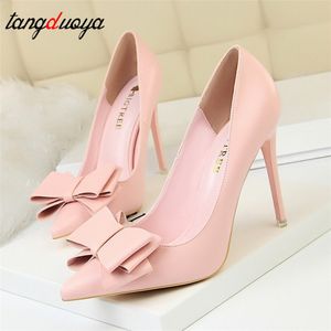 Herbst Ferse Schuhe Rosa Heels Frau Blau Süße Bogen Frauen Weiße High Heels Matte Leder Pumpen Dünne Ferse Spitz Damen high Heels Y0406