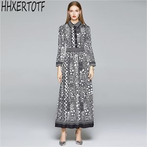 Autumn winter Fashion Designer turn down Collar Maxi Dres Long Sleeve Flower Print Elegant Vestidos 210531