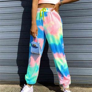 Neon Tie-dye Joggers High Waist Long Baggy Pants Women Sweatpants Loose Trousers 2021 Summer Lace Up Pants Streetwear Clothes Up Y211115