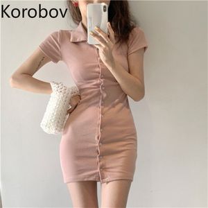 Korobov koreanska chic nedbrytning krage t-shirt klänning ny vår sommar smal mini klänningar söt singel breasted robe femme 210430