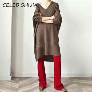 Shijia Höst Långtröja Kvinna V-Neck Oversized Loose Brown Stickad Jumper Kvinna Pullovers Femme Winter Streetwear Toppar 210806