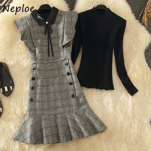 NEPLOE CHIC Suit Bow Plaid Wzór Mermaid Dress + Solid Color Sweter Dzianiny Moda Plus Rozmiar Ubrania Kobiety 2 Sztuka Zestaw 220302