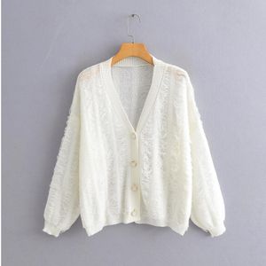 H.SA V-neck Knitted Cardigan Women Spring Thin Coat Summer sunscreen clothes Loose Jumpers Hollow Sweater 210417