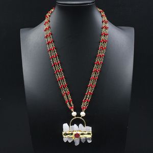 Wholesale bezel set pendants for sale - Group buy GuaiGuai Jewelry Rows White Pearl Red Crystal Chain Bezel Set Chain Statement Clear Quartz Red Jades Pendant Necklace