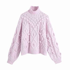 Evfer Women Winter Warm Purple Za Knitted Pullover Tops Female Casual Long Sleeve Ball Knit Thick Autumn Turtleneck Sweater Chic Y1110