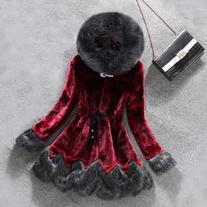 Vino rosso Cappotto di pelliccia sintetica Donna 2021 Autunno Inverno Cappotti di visone Collo di pelliccia di volpe Giacca con cappuccio Plus Size 6XL Top Cappotti di pelliccia femminile X933 Y0829