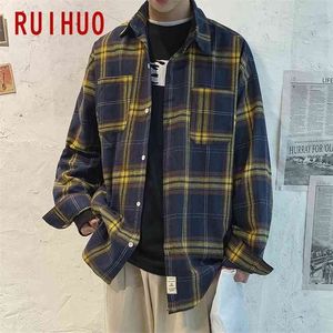 Ruihuo Black Mens Shirt Plaid S na odzież w kratkę Bluzka M-5XL Spring Arrival 210809