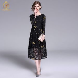 Womens Elegant Lace Dresses Casual Party Work Slim Gold Thread Embroidery Sexy Hollow Out Vintage Vestidos 210520