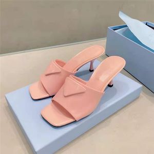 Square Toe Patent Leather Runway Slippers Women Light Pink Buckle Decor Stilettos Woman Sandals Summer One Strap Party Shoes