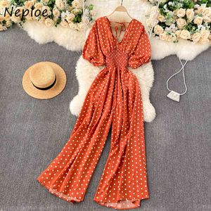 Neploe V-Ausschnitt Puff Kurzarm Jumpsuits Frauen Hohe Taille Hüfte Breites Bein Bodys Femme Urlaub Böhmische Dot Robe Sommer 210423