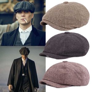 Män Beret Vintage Sillbone Gatsby Tweed Peaky Blinds Hat NewsBoy Beret Hat Vår Vinter Flat Peaked Beret Keps Q0703
