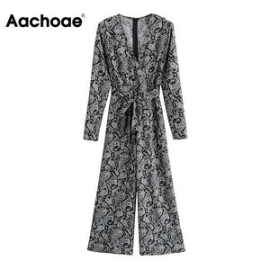 Höstfjäder Blommor Print Jumpsuit Kvinnor V Neck Långärmad Loose Jumpsuits Boho Style Beach Bodysuit Mono Mujer 210413