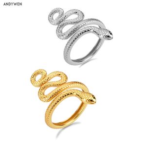 Andywen 925 Sterling Prata Ouro Ajustável Anéis de Cobra Big Animal Redondo Luxo Redondo Círculo Mulheres Fine Anel Jóias 210608