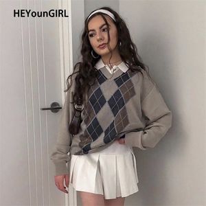 Heyoungirl Tiki Tarzı Vintage V Boyun Kazak Kadın Sonbahar Rahat Argyle Ekose Jumper Kadın Kore Moda Kazak Kış 211018
