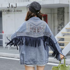 Jocoo jolee осень осенью длинный рукав цветочные вышивка джинсовые куртки корейский стиль свободного джинша пальто старинные элегантные кисточка пальто 210518