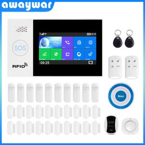 Awaywar WiFi GSM Smart Alarme Sistema Home Security Assaltar Kit 4,3 polegadas Tela Touch Screen App Controle Remoto RFID Armário Desarmar