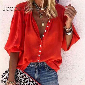 Jocoo Jolee夏のトップスとブラウスカジュアルなソリッドプラスサイズの緩いシャツビンテージボタンチュニック婦人服Blusas Mujer 210518