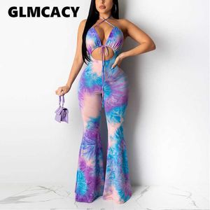 Mulheres Halter Backless Tie Dye Impresso Sem Mangas Bell Bodycon Jumpsuits Sexy Club Jumpsuits 210702