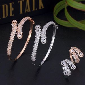 Earrings & Necklace BRIDE TALK Women's Gold Color Copper Bangle Micro Paved Baguette Zircon Adjustable Ring Sets Wedding Engagement Party