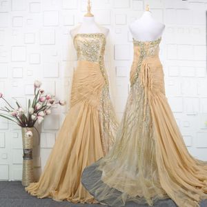 Champane Evening Dress Mermaid Crystal Beads Strapless Chiffon Floor Length Formal Evening Gown for Women