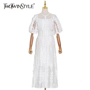Beyaz Patchwork Aplikler Elbise Kadınlar için O Boyun Petal Kollu Yüksek Bel Sashes Bohemian Elbiseler Kadın 210520