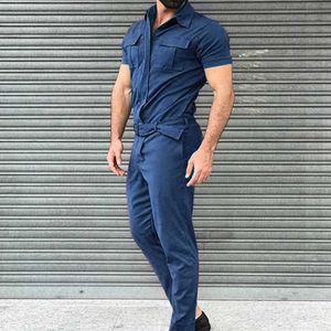 Adisputent Cotton Blends Jumpsuit Mens Overalls Casual Notched Short Sleeve Rompers Solid Overall Zipper Romper Pocket Trousers X0610