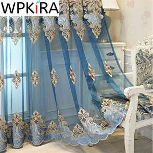 Window Blinds Embroidery Tulle Curtain For Living Room Luxurious Blue Window Screen High End Kitchen Drape Panel Europe AD511H 210913