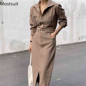 Office Korean Women Long Dress Autumn Full Sleeve Turn-down Collar Splitting Dresses Elegant Ol Style Fashion Vestidos 210513