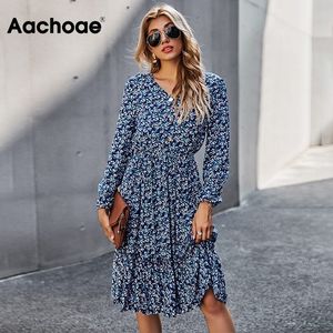 Retro Floral Print Elegant Midi Women V Neck Ruffles A Line Chic Dresses Long Sleeve Bohemian Dress Vestidos 210413