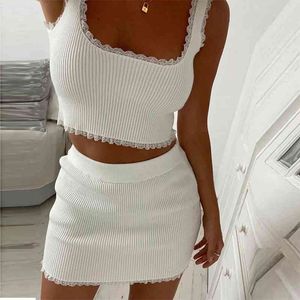 Kvinnor Sexig Lace Decor Crop Top Vest Mini Skirt Set Summer Off Shoulder Slim Solid Vit Tank Toppar Casual Korta Kjolar Sets 210416