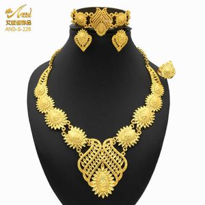 Dubai Africano Gold Jewelry Set para Mulheres Ethiopian Casamento Luxo Nigeriano Noiva Colar Brincos Bracelete Anel Jóias Presentes H1022