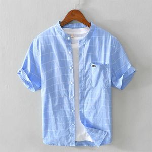 100% Cotton Summer Style Style Manica Corta Ploid Shirt da uomo Brand Stand Collar Sky Blue Shirts For Men Casual Camicia confortevole 210527