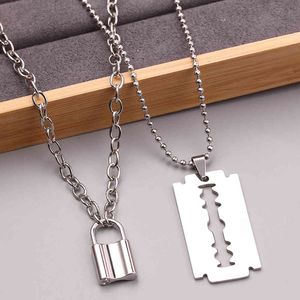 Designer Necklace Luxury Jewelry Punk Lock Stainless Steel Double Layer Padlock Chain With Pendant Blade Shaver Men's Gift