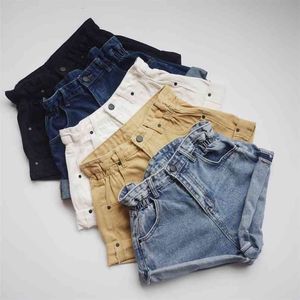 Sommarkvinnor Pleat Curling Shorts Denim Female Casual High midjebrett ben för 210508