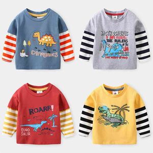 Wiosna Jesień Odzież dziecięca Dziecko Dzieci Długie Rękaw Tees Boys Stripe Patchwork Zwierząt Koszulka dla chłopca 2 3 4 5 6 7 8 rok 210625