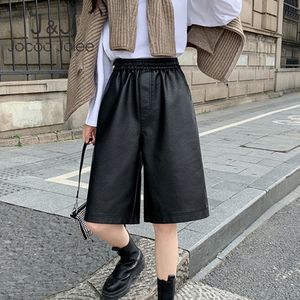 Black PU Leather Women Half Wide Leg Pants High Waist Fashion Lady Oversized Pants Vintage Female Loose Plus Size Trousers 210518