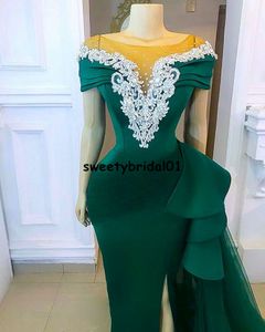 Nowy 2021 Hunter Green Prom Dress Mermaid Split Scoop Neck Aplikacja Koronka Vestido de Fiesta de benu Formalna impreza
