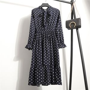 Chiffon Autumn Print Dress Casual Cute Women floral Long Bowknot Dresses Sleeve Vestido S-XL Size 713i 210420