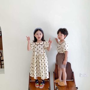 7529 Brother And Sister 2021 Summer Baby Boys Two Piece Suit Dot Print Girls Dress Cotton Fashion Twins Clothes Outfits X0902