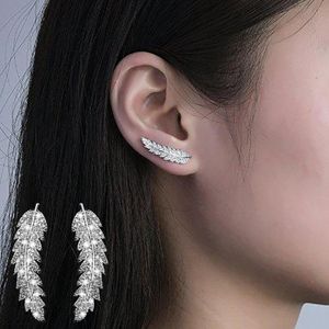 Donne di Lusso Foglie Pieno Cubic Zirconia Intarsiato Orecchio Scalatori Crawler Orecchini Carini Coreano Gioelleria Raffinata E Alla Moda Orecchino Della Vite Prigioniera Dropship